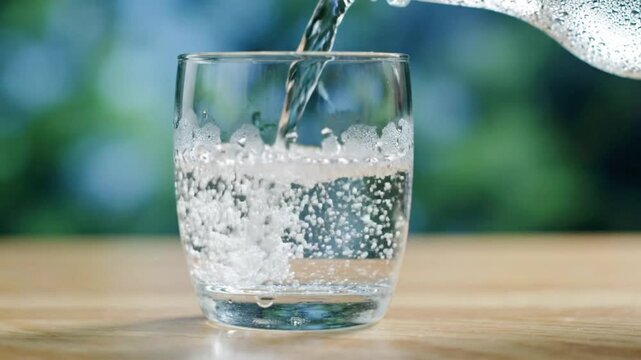 Mineral water is poured into a glass from a bottle in a garden setting on a warm day