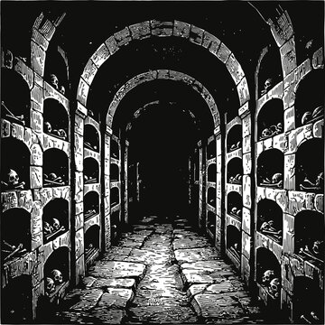 A striking black and white illustration depicts an atmospheric underground catacomb or ossuary. Rows of arched niches line the dark, cavernous space, creating a sense of depth and mystery.