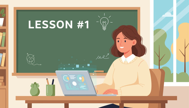 Woman using a laptop for an online lesson in a classroom with a chalkboard background and a lamp icon representing learning.