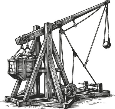 Detailed line drawing of a medieval trebuchet siege weapon. The wooden machine is loaded with a basket of stones and its arm is cocked, ready to launch a projectile. Historical warfare illustration.