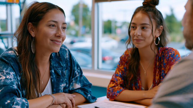 Nonprofit volunteer program director conducting a performance review meeting with a young volunteer in a small sparse office, gentle coaching posture, evaluation form on the desk between them, a win