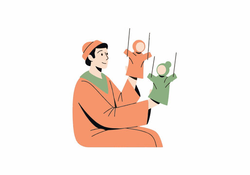 Man holding two hand puppets for a creative theater performance