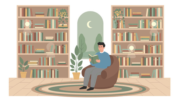 Man sitting in a cozy armchair in a quiet library reading a book with large wooden bookshelves and a relaxing evening atmosphere.