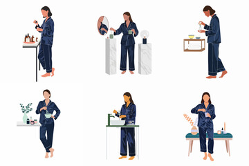 Obraz premium Flat vector illustration set of a woman in blue silk pajamas performing various skincare and self-care morning or evening routines.