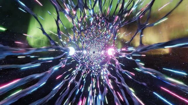 Colorful light beams and glowing particles swirl through a cosmic tunnel, creating a mesmerizing visual effect in a vibrant space environment