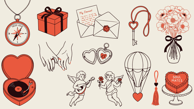 Romantic love themed illustrations with heart symbols and affectionate designs