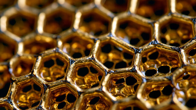 Raw beeswax honeycomb foundation shows the precise hexagonal geometry pressed into foundation sheets, cell walls measuring uniform thickness throughout the embossed matrix, trace propolis resin depo