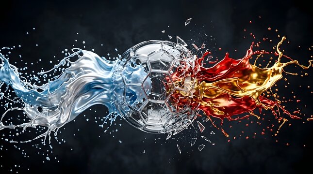 Glass soccer ball exploding with dynamic blue water splash and red liquid fire contrast.