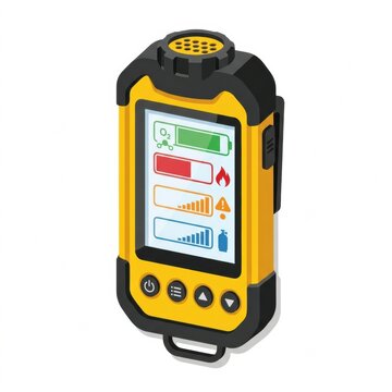 A device shows sensor levels for oxygen and other hazards in a confined space. It is used for safety during industrial work.