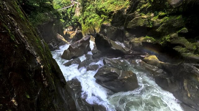 Rocky River Gorge in Ecuador Cloud Forest with Whitewater Rapids, Dark Canyon Walls, Green Vegetation and Adventure Nature Landscape