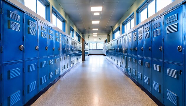 blue metal lockers lining nondescript high school hallway with windows high school lockers metal blue hallway