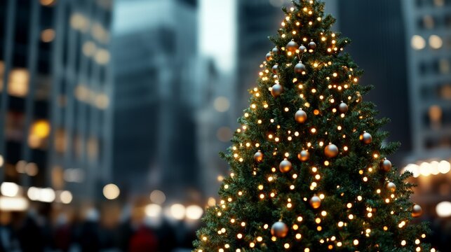 A festive Christmas tree adorned with glowing lights and ornaments brings holiday cheer to a lively urban square