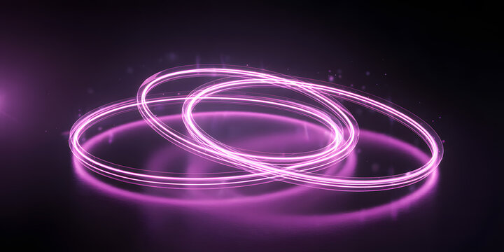 Glowing purple neon light rings floating in dark space with reflective floor and sparks.