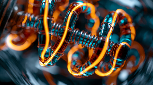Tungsten filament coils inside a vintage incandescent bulb glow at extreme macro, the helical wire support structure visible between radiating coil segments, internal getter ring and glass exhaust t