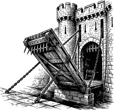 Black and white illustration of a medieval siege ramp and battering ram positioned against a castle gate, depicting historical warfare.