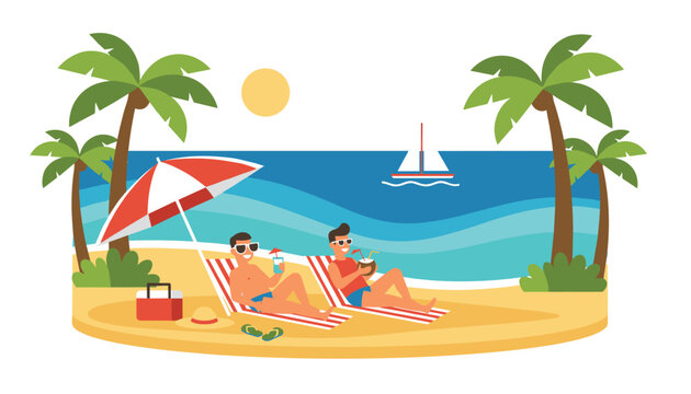 Two men relaxing on lounge chairs at a tropical beach with palm trees, a sailboat, a cooler, and cocktails on a sunny summer vacation day scene.