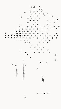 Abstract pixel explosion with grayscale particles and glitches, digital data fragmentation and breakdown, technological decay