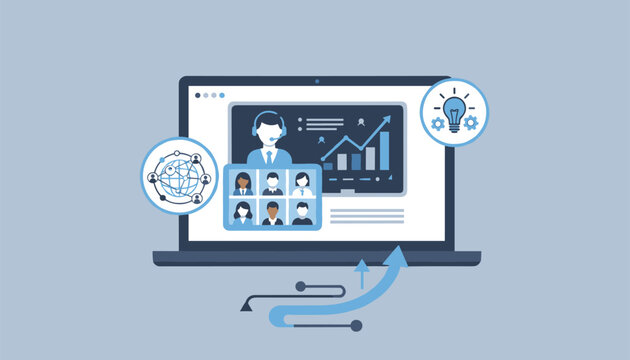 Online education platform interface with a video conferencing screen, digital charts, and network connection icons for remote learning or business meeting.