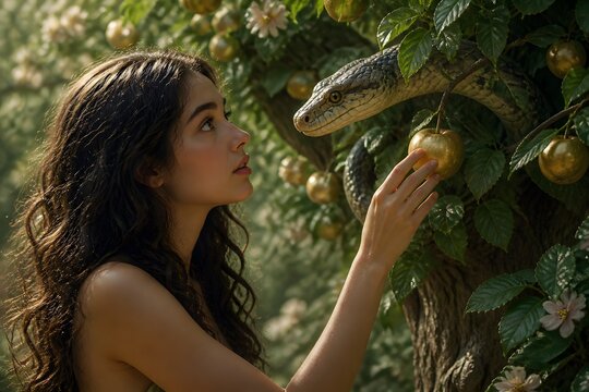 Woman and Serpent in a Mystical Garden with Golden Fruit