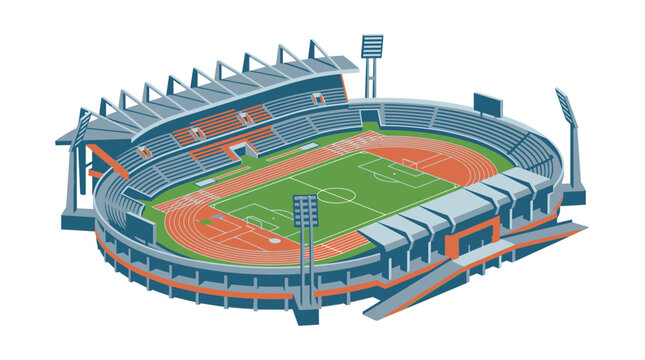 Modern Sports Stadium with Running Tracks and Football Field, Aerial View