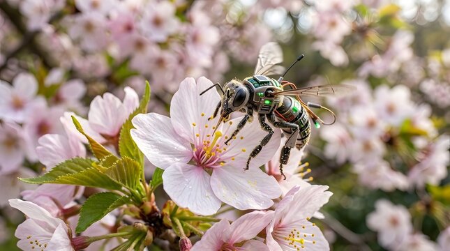 Mechanical insect resembling a bee  equipped with articulated limbs and hovering wings  positioned above blooming flora to mimic natural pollination processes in an experimental setting
