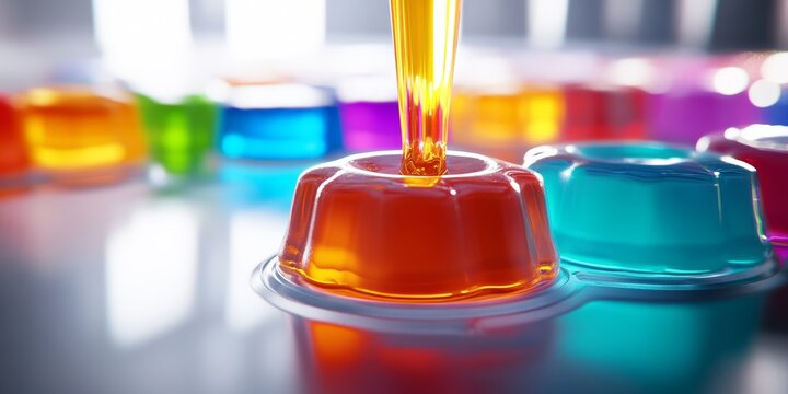 Colorful gelatin dessert being poured into molds in a bright kitchen setting