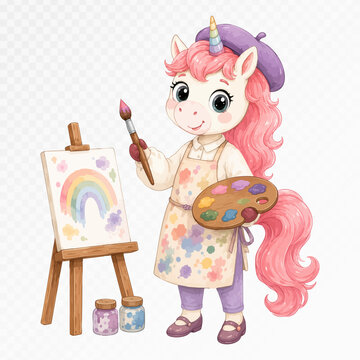 Cute unicorn artist wearing a beret and apron while painting at an easel with palette and brush, shown in a watercolor style with imagination and creative expression. Vector illustration.
