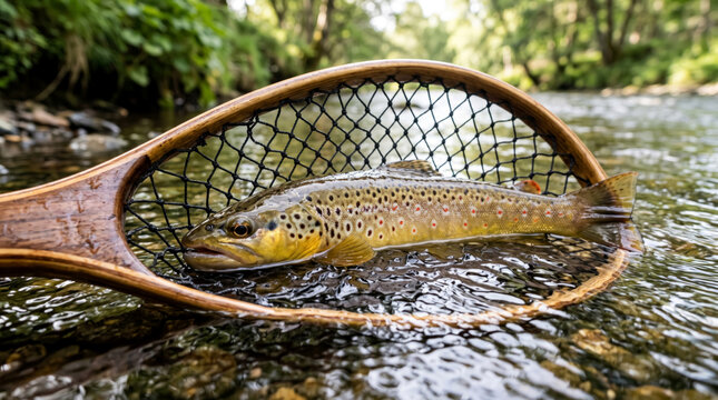 Freshly caught brown trout in landing net fly fishing success