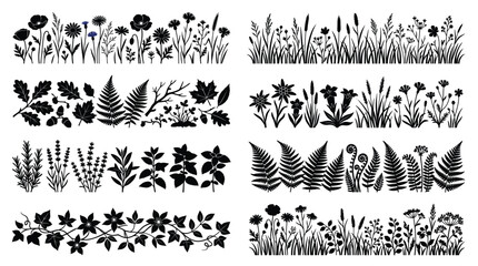 Collection of black silhouette floral borders and grass dividers, featuring various wildflowers, ferns, oak leaves, and climbing vines isolated on a white background, for use © NoobCreaTion