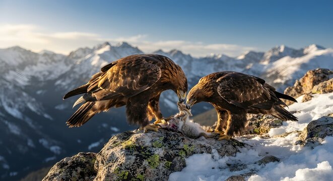 Two golden eagles feeding on prey on a snowy mountain peak