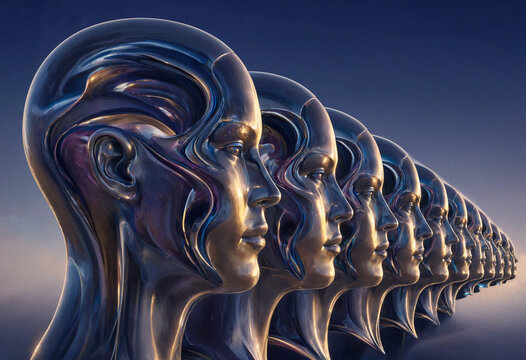 Surreal 3D illustration of identical futuristic metallic humanoid heads lined up in profile, artificial intelligence and cloning concept