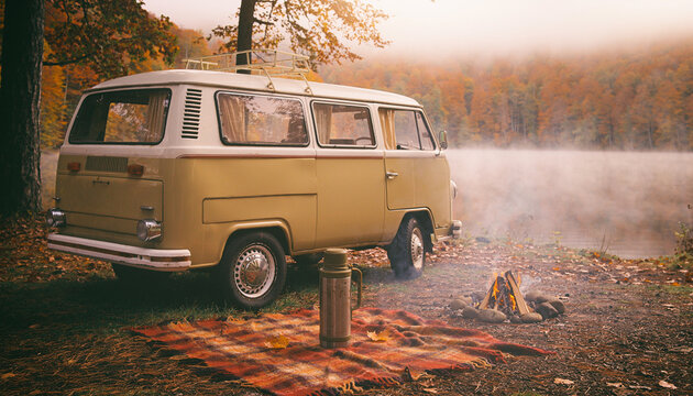 Nostalgischer Camping-Trip mit Vintage-Van am herbstlichen See im Nebel. Urlaub.