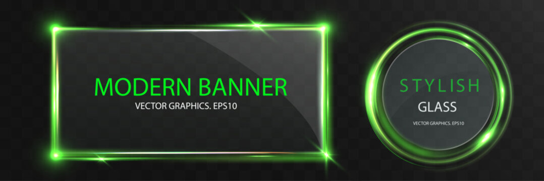 Green glowing futuristic glass banner frame and circular badge with neon interface overlay isolated on transparent background