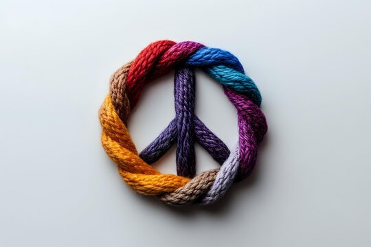 Colorful twisted rope forming peace symbol on white background, isolated design element suitable for t-shirts, posters, and graphic projects.