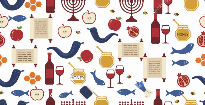 Rosh Hashanah jewish holiday seamless pattern with menorah shofar apple and honey vector background