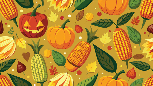 Autumn harvest seamless pattern with pumpkins corn and leaves seamless thanksgiving vegetable background wallpaper agriculture vegetables packaging wrapping illustration seasonal