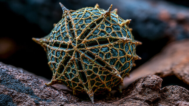 A spherical pollen grain from Quercus oak shows aperture furrows crossing its reticulate exine surface, the sculptured sporopollenin wall ornamented with columellar bacula forming a mesh under scann