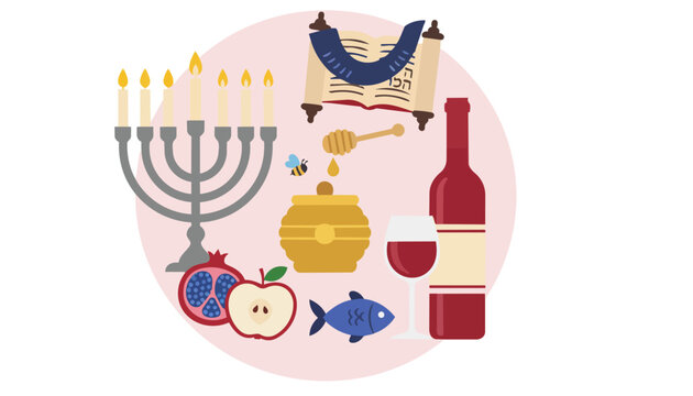 Jewish New Year Rosh Hashanah holiday elements with menorah honey pot and wine vector