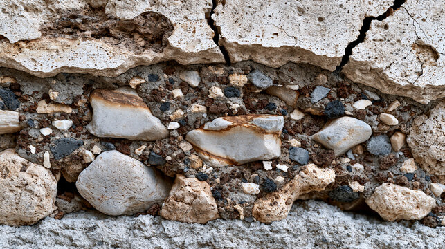 Ancient Roman opus incertum wall facing shows irregular limestone and tufa rubble set in pozzolanic mortar, the hydraulic cement matrix still binding after two millennia, aggregate inclusions of vol