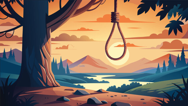 Conceptual illustration of a noose suspended from a tree branch with landscape symbolic melancholy metaphor silhouette isolation illustration emotional struggle dramatic sculpture finality