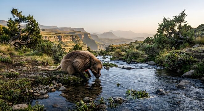 Gelada baboon drinking from a stream in the ethiopian highlands