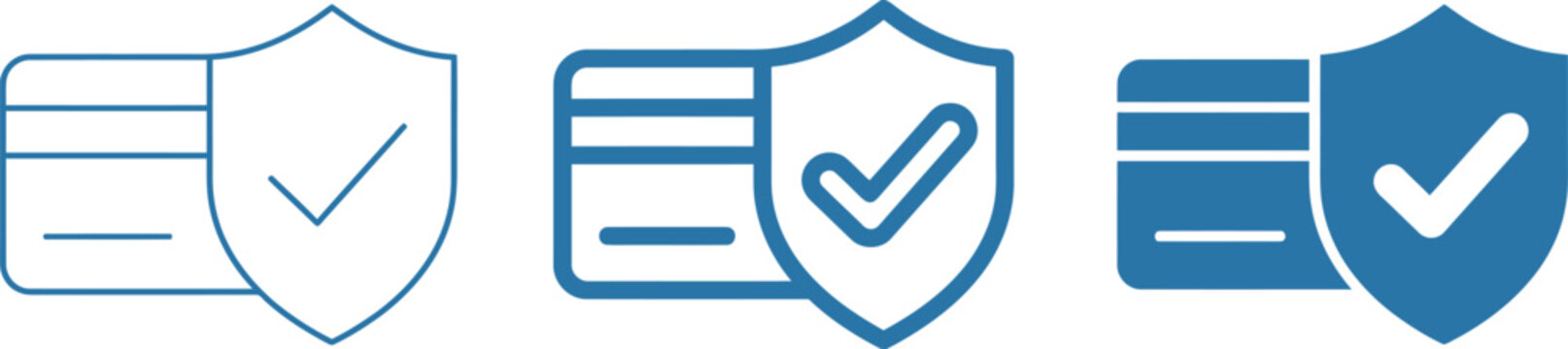 Credit card protection icon, credit card with check mark and shield line vector sign.