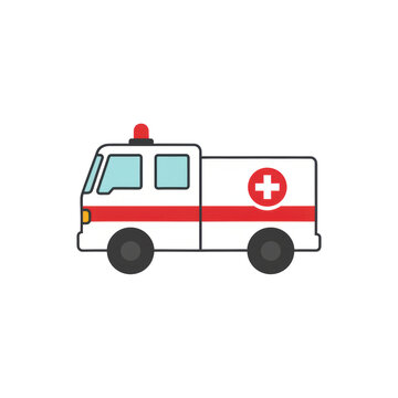 Minimalist flat vector fire engine, side profile, white chassis, bold red stripe, medical cross emblem, on transparent background, conveying urgent readiness
