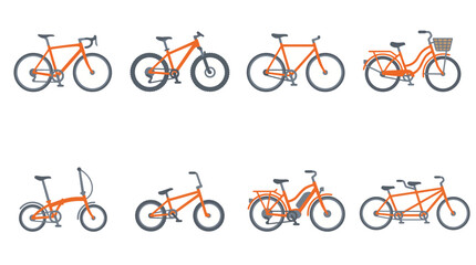 Obraz premium Set of Orange Modern Bicycles Featuring Various Urban Commuter and Mountain Sport Designs
