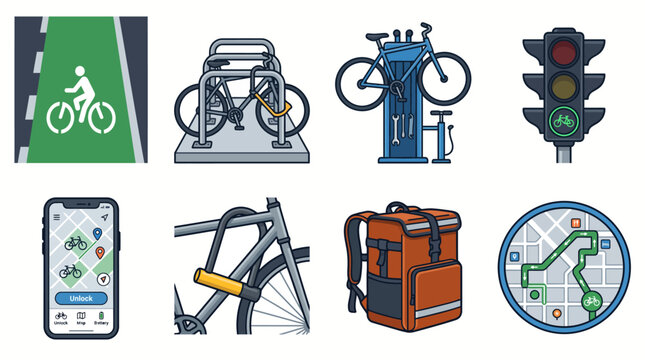 Set of Various Urban Bicycle Infrastructure Icons Featuring Commuter Gear and Mapping Tools