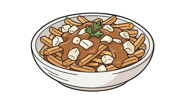 Canadian poutine french fries with cheese curds and brown gravy sauce isolated vector illustration