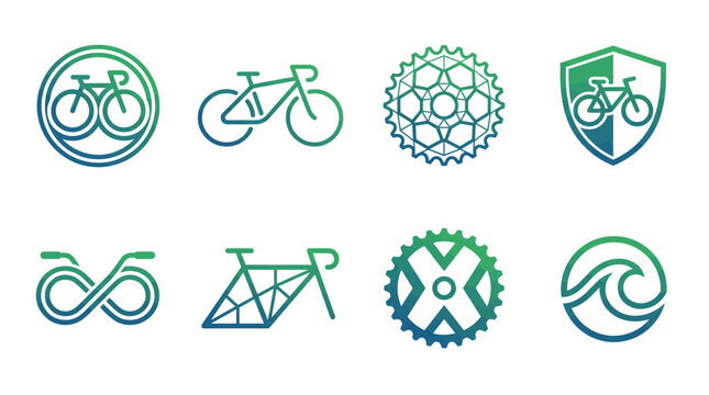 Dynamic collection of modern bicycle line art logos and cycling-themed graphic elements designed for sport and adventure