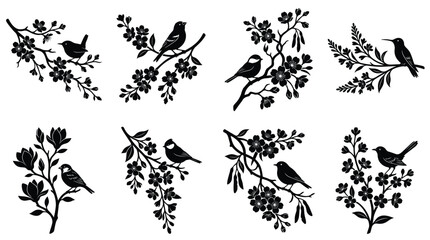 A collection of eight black silhouettes featuring various songbirds perched on flowering branches, cherry blossoms, magnolia flowers, and leafy twigs isolated on a white background © NoobCreaTion
