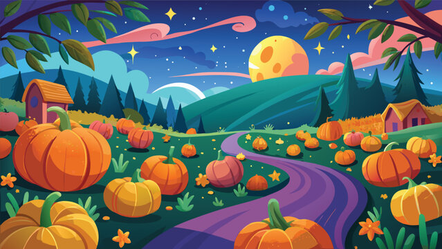 Cartoon pumpkin patch at night under full moon halloween landscape with halloween landscape seasonal illustration vegetable background celebration tradition colorful environment botanical