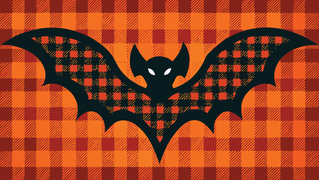 Stylized black bat silhouette featuring a red and orange plaid pattern against a matching checkered background halloween checkered illustration silhouette celebration creature seasonal